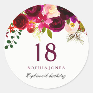 Burgundy Red Floral Boho 18th Birthday Party Classic Round Sticker