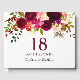 Burgundy Red Floral Boho 18th Birthday Party Guest Book