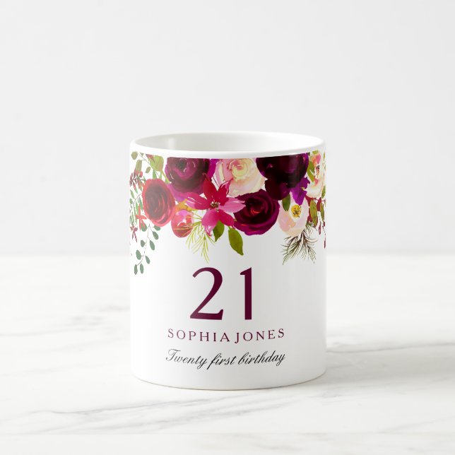 Burgundy Red Floral Boho 21st Birthday Gift Coffee Mug (Center)