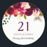 Burgundy Red Floral Boho 21st Birthday Party Classic Round Sticker<br><div class="desc">Burgundy Red Floral Boho 21st Birthday Party Sticker favour seal

See our store for matching invitation,  Envelope and napkins</div>