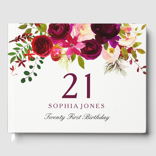 Burgundy Red Floral Boho 21st Birthday Party Guest Book (Front)