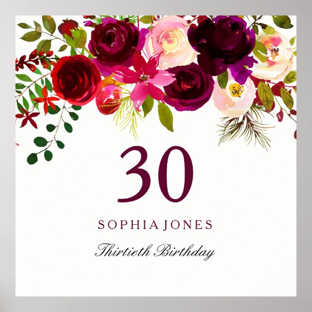 Burgundy Red Floral Boho 30th Birthday Party Poster (Front)