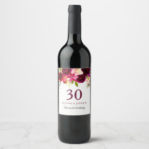Burgundy Red Floral Boho 30th Birthday Party Wine Label