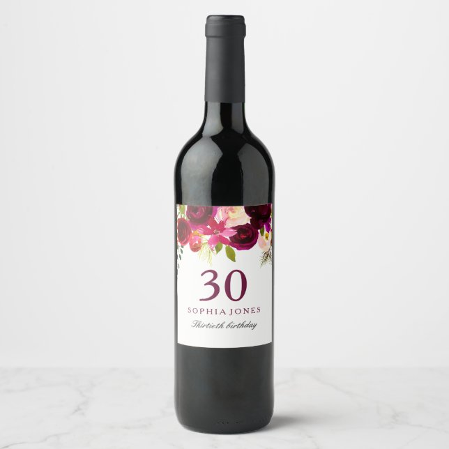 Burgundy Red Floral Boho 30th Birthday Party Wine Label (Front)