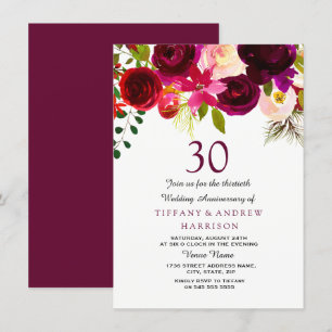 Burgundy Red Floral Boho 30th Wedding Anniversary Invitation