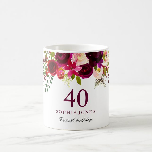 Burgundy Red Floral Boho 40th Birthday Gift Coffee Mug (Center)