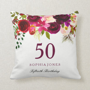Burgundy Red Floral Boho 50th Birthday Gift Cushion