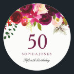 Burgundy Red Floral Boho 50th Birthday Party Classic Round Sticker<br><div class="desc">Burgundy Red Floral Boho 50th Birthday Party Sticker favour seal

See our store for matching invitation,  Envelope and napkins</div>