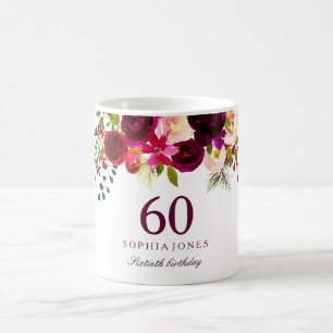 Burgundy Red Floral Boho 60th Birthday Gift Coffee Mug