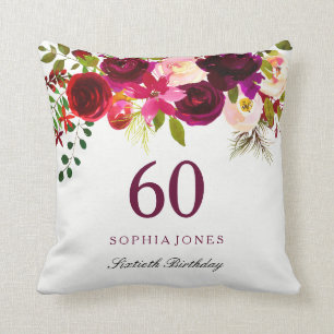 Burgundy Red Floral Boho 60th Birthday Gift Cushion