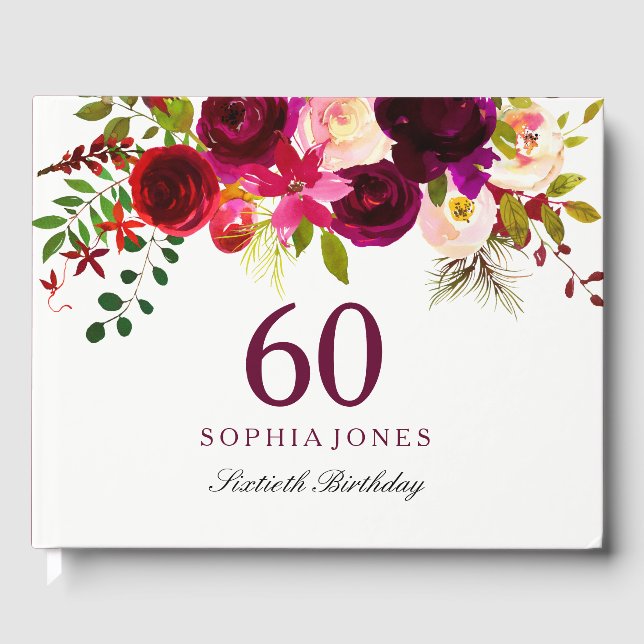 Burgundy Red Floral Boho 60th Birthday Party Guest Book (Front)