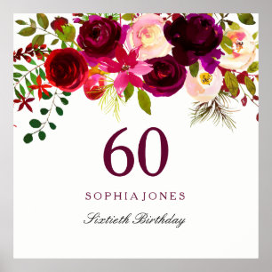Burgundy Red Floral Boho 60th Birthday Party Poster