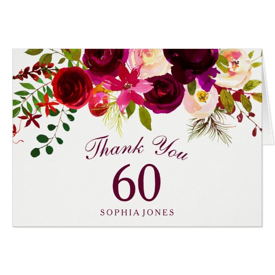 Burgundy Red Floral Boho 60th Birthday Thank You Card