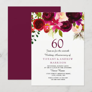Burgundy Red Floral Boho 60th Wedding Anniversary Invitation