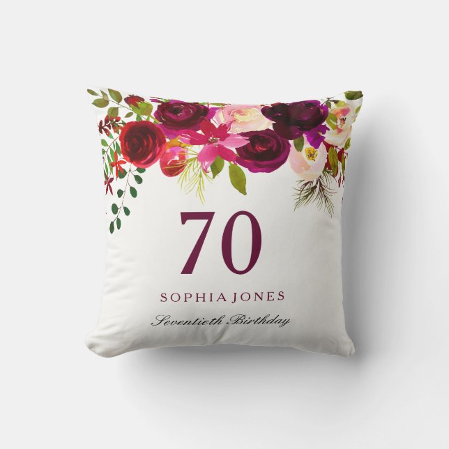 Burgundy Red Floral Boho 70th Birthday Gift Cushion (Front)