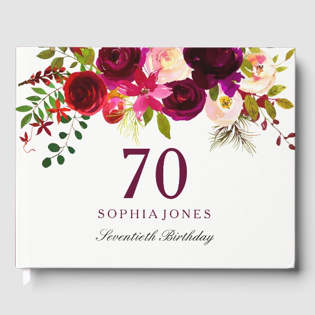 Burgundy Red Floral Boho 70th Birthday Party Guest Book (Front)