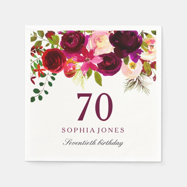 Burgundy Red Floral Boho 70th Birthday Party Napkin (Front)