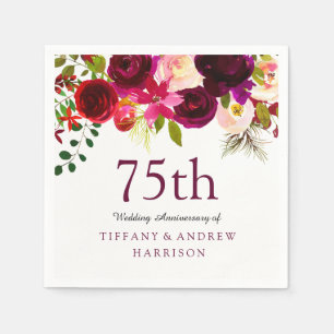 Burgundy Red Floral Boho 75th Wedding Anniversary Napkin