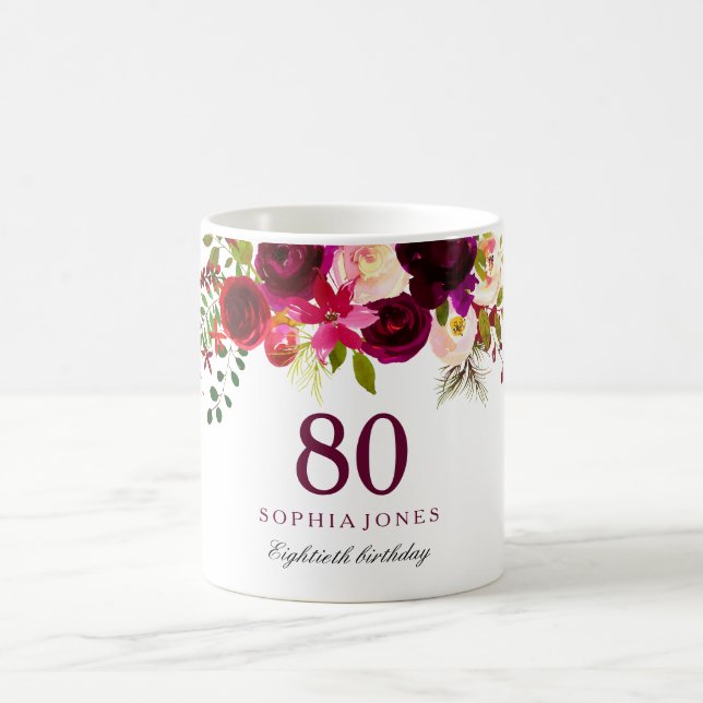 Burgundy Red Floral Boho 80th Birthday Gift Coffee Mug (Center)