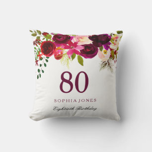 Burgundy Red Floral Boho 80th Birthday Gift Cushion