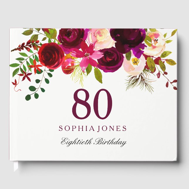 Burgundy Red Floral Boho 80th Birthday Party Guest Book (Front)