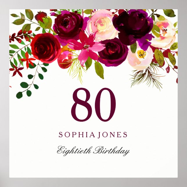Burgundy Red Floral Boho 80th Birthday Party Poster (Front)