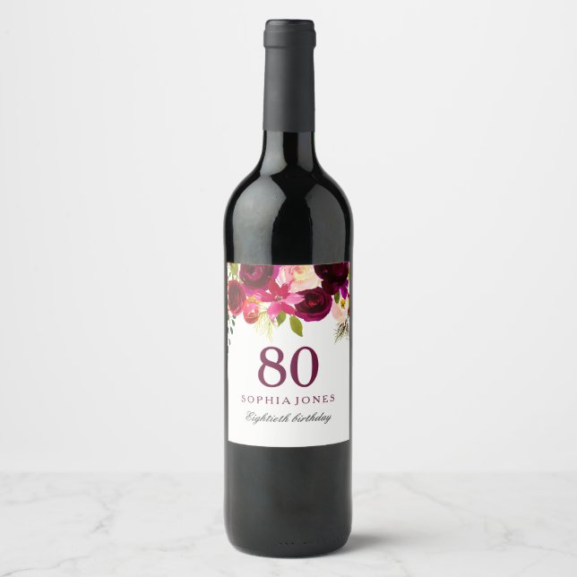 Burgundy Red Floral Boho 80th Birthday Party Wine Label (Front)