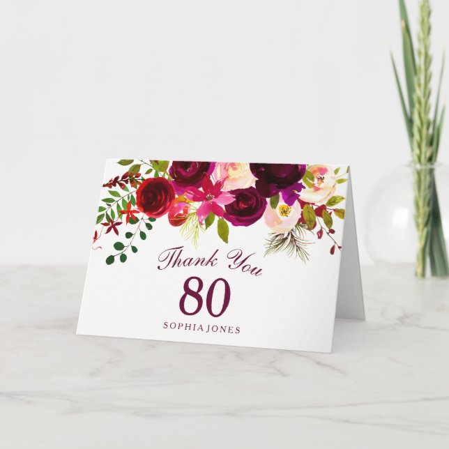 Burgundy Red Floral Boho 80th Birthday Thank You (Front)