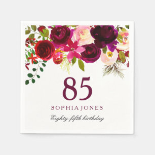 Burgundy Red Floral Boho 85th Birthday Party Napkin