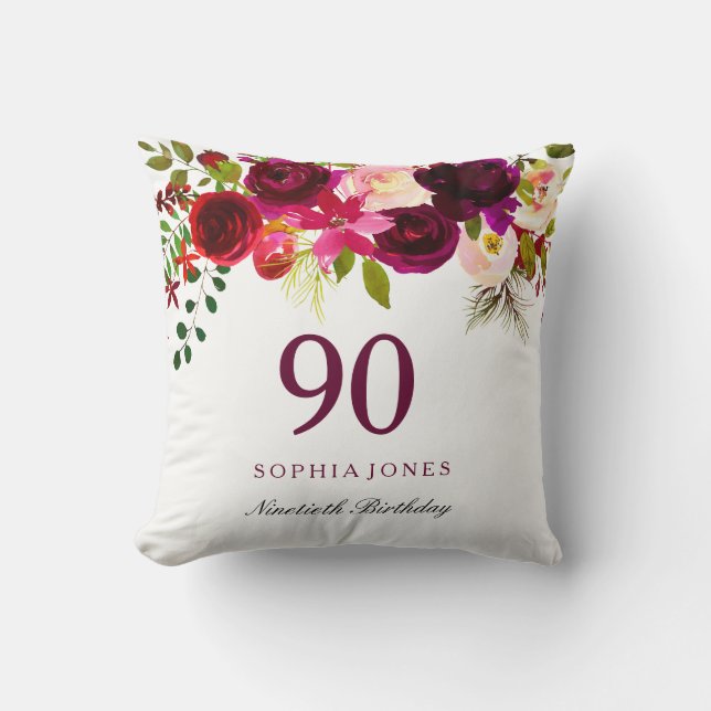 Burgundy Red Floral Boho 90th Birthday Gift Cushion (Front)