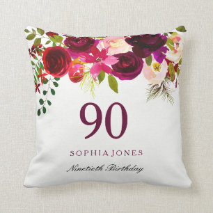 Burgundy Red Floral Boho 90th Birthday Gift Cushion