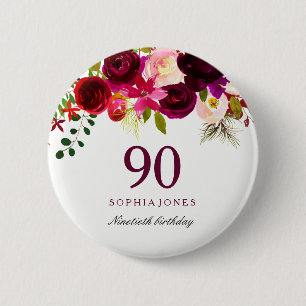 Burgundy Red Floral Boho 90th Birthday Party 6 Cm Round Badge