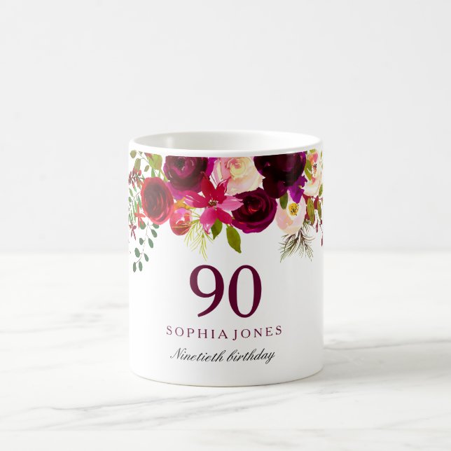 Burgundy Red Floral Boho 90th Birthday Party Coffee Mug (Center)