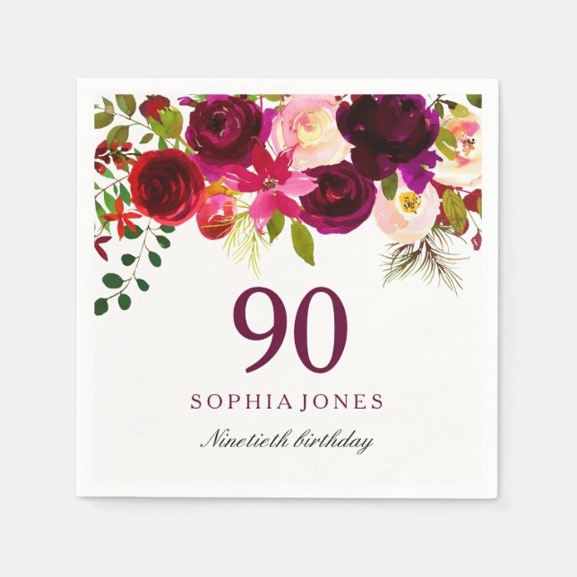 Burgundy Red Floral Boho 90th Birthday Party Napkin (Front)