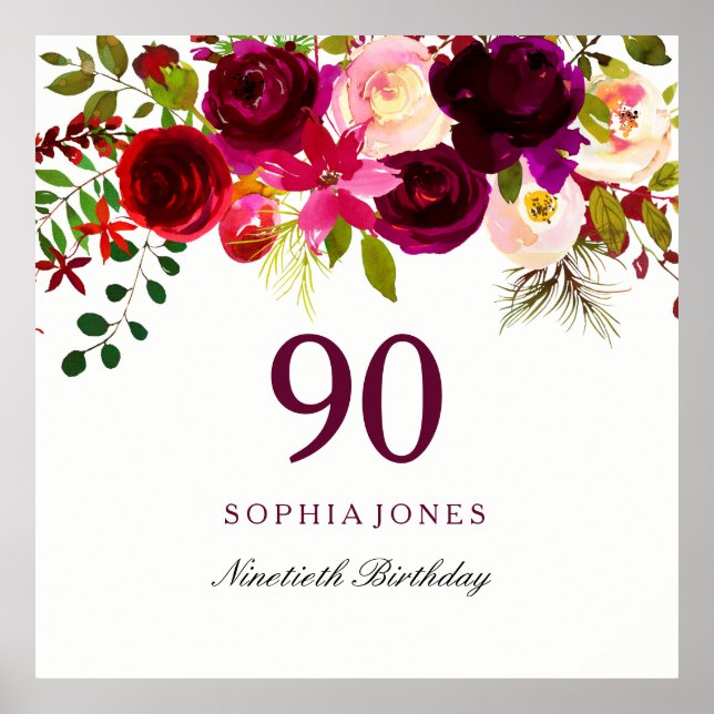 Burgundy Red Floral Boho 90th Birthday Party Poster (Front)