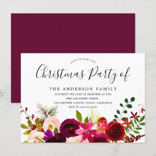 Burgundy Red Floral Boho Christmas Party Invitation