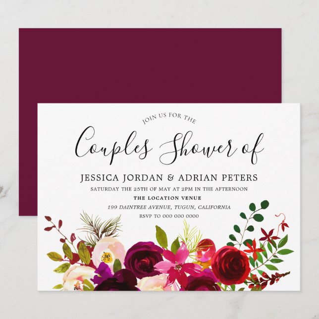 Burgundy Red Floral Boho Couples Shower Invite (Front/Back)