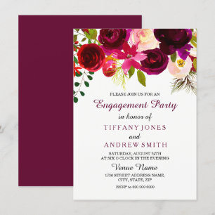Burgundy Red Floral Boho Engagement Party Invite