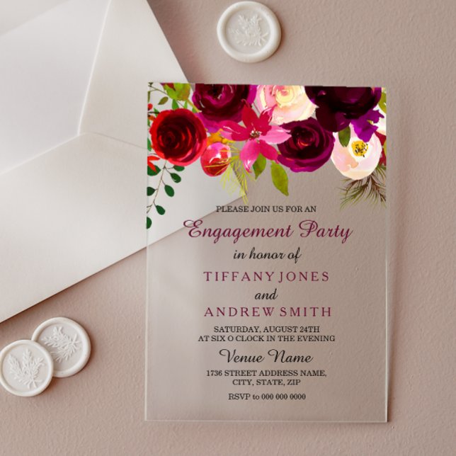 Burgundy Red Floral Boho Engagement Party Invite Acrylic Invitations (Creator Uploaded)