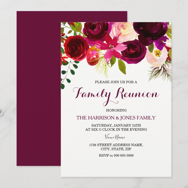 Burgundy Red Floral Boho Family Reunion Invite (Front/Back)