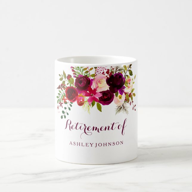 Burgundy Red Floral Boho Retirement Party Gift Coffee Mug (Center)