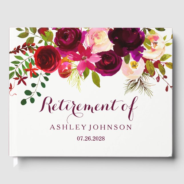 Burgundy Red Floral Boho Retirement Party Guest Book (Front)