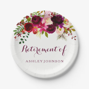 Burgundy Red Floral Boho Retirement Party Paper Plate