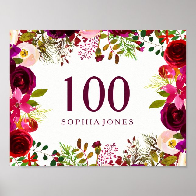 Burgundy Red Floral Boho Sign 100th Birthday Party (Front)