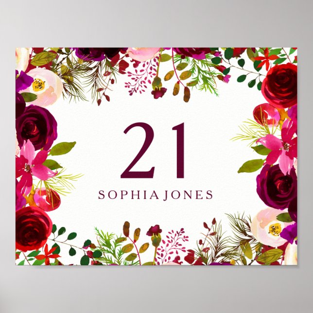 Burgundy Red Floral Boho Sign 21st Birthday Party (Front)