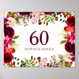 Burgundy Red Floral Boho Sign 60th Birthday Party