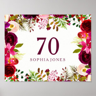 Burgundy Red Floral Boho Sign 70th Birthday Party