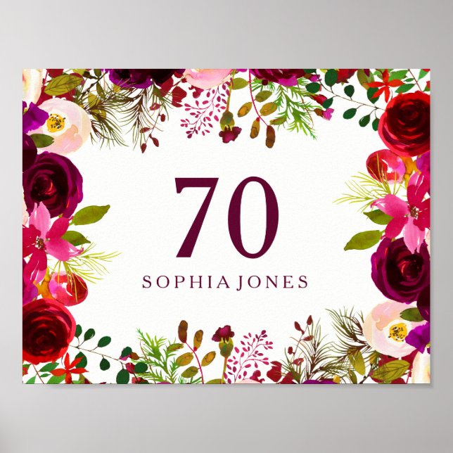 Burgundy Red Floral Boho Sign 70th Birthday Party (Front)