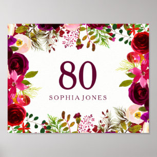 Burgundy Red Floral Boho Sign 80th Birthday Party