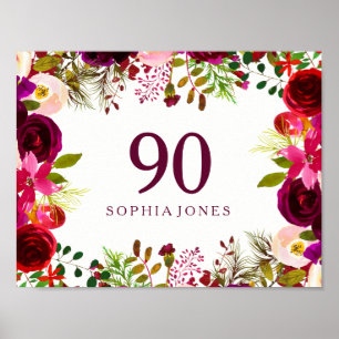 Burgundy Red Floral Boho Sign 90th Birthday Party
